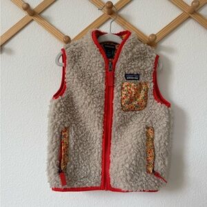 Patagonia Cream Fleece Vest with Red and Floral Accents